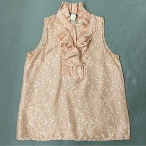 J.CREW Women's Top BlouseSize 4 Ruffle Neck Collar 100% Silk Print Coral/White